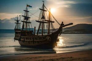 een piraat schip Aan de strand Bij zonsondergang. ai-gegenereerd foto