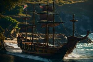 een piraat schip is het zeilen Aan de oceaan. ai-gegenereerd foto