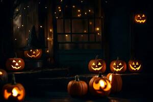 halloween pompoenen in voorkant van een deur. ai-gegenereerd foto