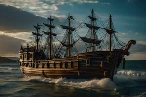een piraat schip in de oceaan. ai-gegenereerd foto