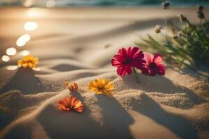 de strand behang, strand, bloemen, zand, zonsondergang, bloemen, zand, bloemen, zand. ai-gegenereerd foto