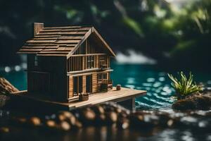 een miniatuur huis Aan een klein eiland in de water. ai-gegenereerd foto