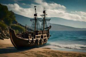 een piraat schip Aan de strand in de buurt de oceaan. ai-gegenereerd foto