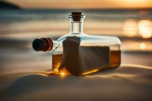 een bericht in een fles Aan de strand Bij zonsondergang. ai-gegenereerd foto