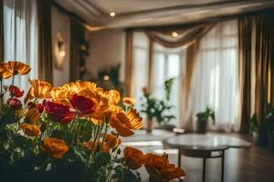 oranje bloemen in een vaas in een leven kamer. ai-gegenereerd foto