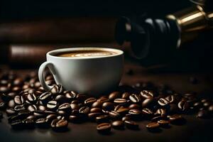 koffie bonen Aan een houten tafel. ai-gegenereerd foto