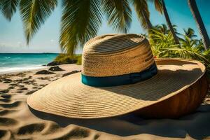 een hoed zit Aan de zand in de buurt palm bomen. ai-gegenereerd foto