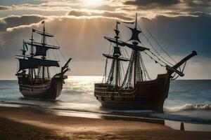 twee schepen Aan de strand Bij zonsondergang. ai-gegenereerd foto