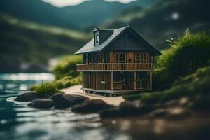 een miniatuur huis Aan de kust van een meer. ai-gegenereerd foto