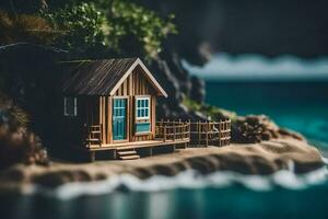 een miniatuur huis Aan de strand door de oceaan. ai-gegenereerd foto