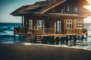 een klein houten huis Aan stelten in de oceaan. ai-gegenereerd foto