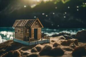 een klein houten huis Aan de strand. ai-gegenereerd foto