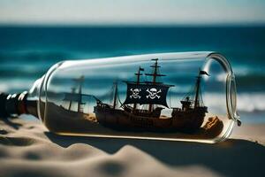 schip in een fles Aan de strand. ai-gegenereerd foto