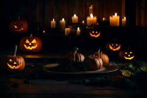 halloween pompoenen Aan een tafel met kaarsen. ai-gegenereerd foto