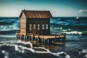 een miniatuur huis Aan een pier in de oceaan. ai-gegenereerd foto