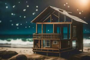 een miniatuur houten huis Aan de strand Bij nacht. ai-gegenereerd foto