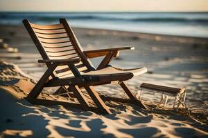 een houten stoel zit Aan de strand Bij zonsondergang. ai-gegenereerd foto