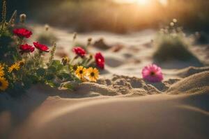 bloemen in de zand Bij zonsondergang. ai-gegenereerd foto