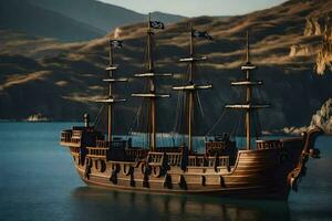 een piraat schip is drijvend in de oceaan. ai-gegenereerd foto