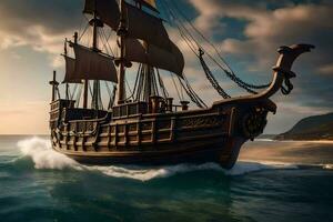 een piraat schip is het zeilen in de oceaan. ai-gegenereerd foto