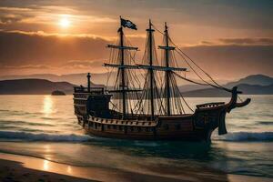 een piraat schip Aan de strand Bij zonsondergang. ai-gegenereerd foto