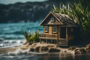 een miniatuur huis Aan de strand in de buurt de oceaan. ai-gegenereerd foto