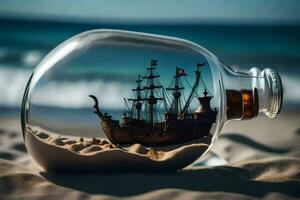 een schip in een fles Aan de strand. ai-gegenereerd foto