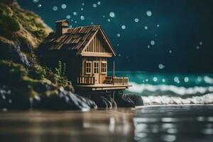 een klein houten huis Aan de strand Bij nacht. ai-gegenereerd foto