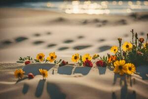 bloemen in de zand Bij zonsondergang. ai-gegenereerd foto