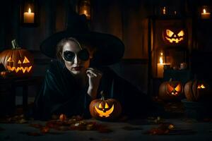 een vrouw in een heks kostuum met pompoenen en kaarsen. ai-gegenereerd foto