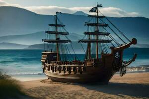 een piraat schip Aan de strand. ai-gegenereerd foto