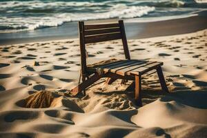 een houten stoel zit Aan de zand in de buurt de oceaan. ai-gegenereerd foto