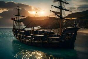 een piraat schip is drijvend in de oceaan. ai-gegenereerd foto