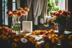 bloemen in vazen Aan een tafel in voorkant van een venster. ai-gegenereerd foto