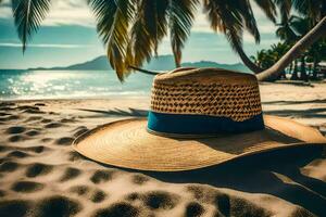 een rietje hoed Aan de strand met palm bomen. ai-gegenereerd foto