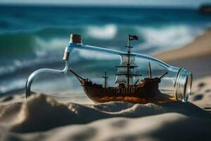 een schip in een fles Aan de strand. ai-gegenereerd foto