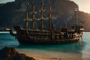 een piraat schip is aangemeerd Aan de strand. ai-gegenereerd foto