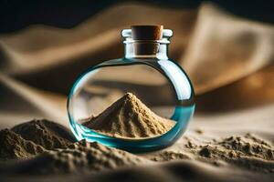 een fles van zand met een piramide van poeder. ai-gegenereerd foto