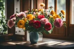 een vaas van bloemen zittend Aan een tafel in de buurt een venster. ai-gegenereerd foto