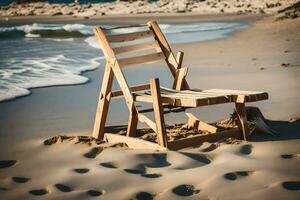 een houten stoel zit Aan de strand in de buurt de oceaan. ai-gegenereerd foto