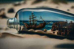 een schip in een fles Aan de strand. ai-gegenereerd foto