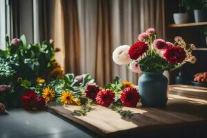 bloemen in een vaas Aan een tafel. ai-gegenereerd foto