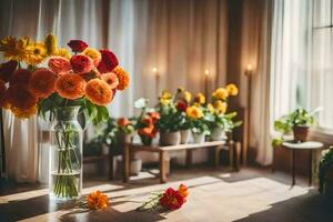 bloemen in een vaas Aan een houten vloer. ai-gegenereerd foto