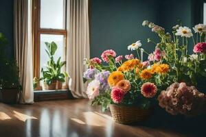 een kamer met bloemen in het. ai-gegenereerd foto