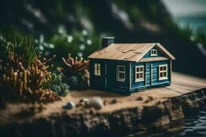 een miniatuur blauw huis Aan een klein eiland. ai-gegenereerd foto