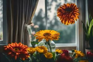 bloemen in vaas Aan venster dorpel. ai-gegenereerd foto