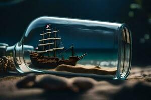 schip in een fles, zand, strand, oceaan, zand, zand, strand, oceaan,. ai-gegenereerd foto