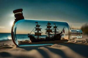 een schip in een fles Aan de strand. ai-gegenereerd foto