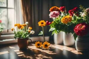 bloemen in vazen Aan een tafel. ai-gegenereerd foto