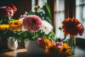 bloemen in vazen Aan een vensterbank. ai-gegenereerd foto